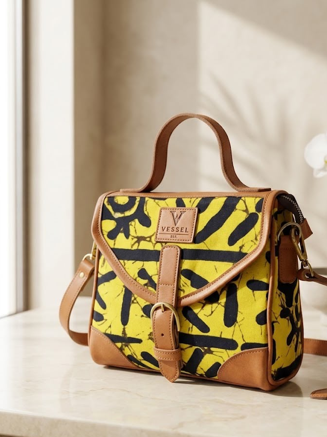 Woman wearing a handcrafted Vessels crossbody bag in a warm editorial setting